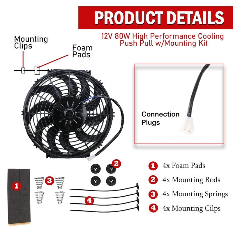 PRUNkuar 2PCS 12 Inch Universal Slim Fan Push Pull Electric Radiator Cooling 12V 80W Mount Kit Black - Image 3